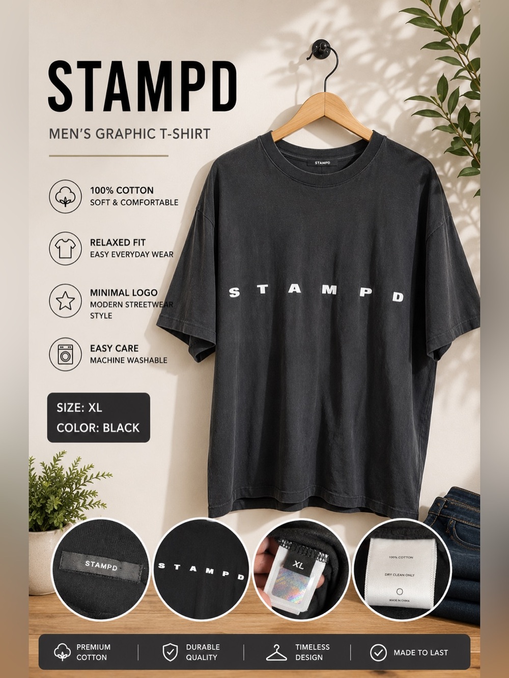 Stampd LA Black Logo Tee XL Streetwear Minimalist Oversized Graphic Shirt